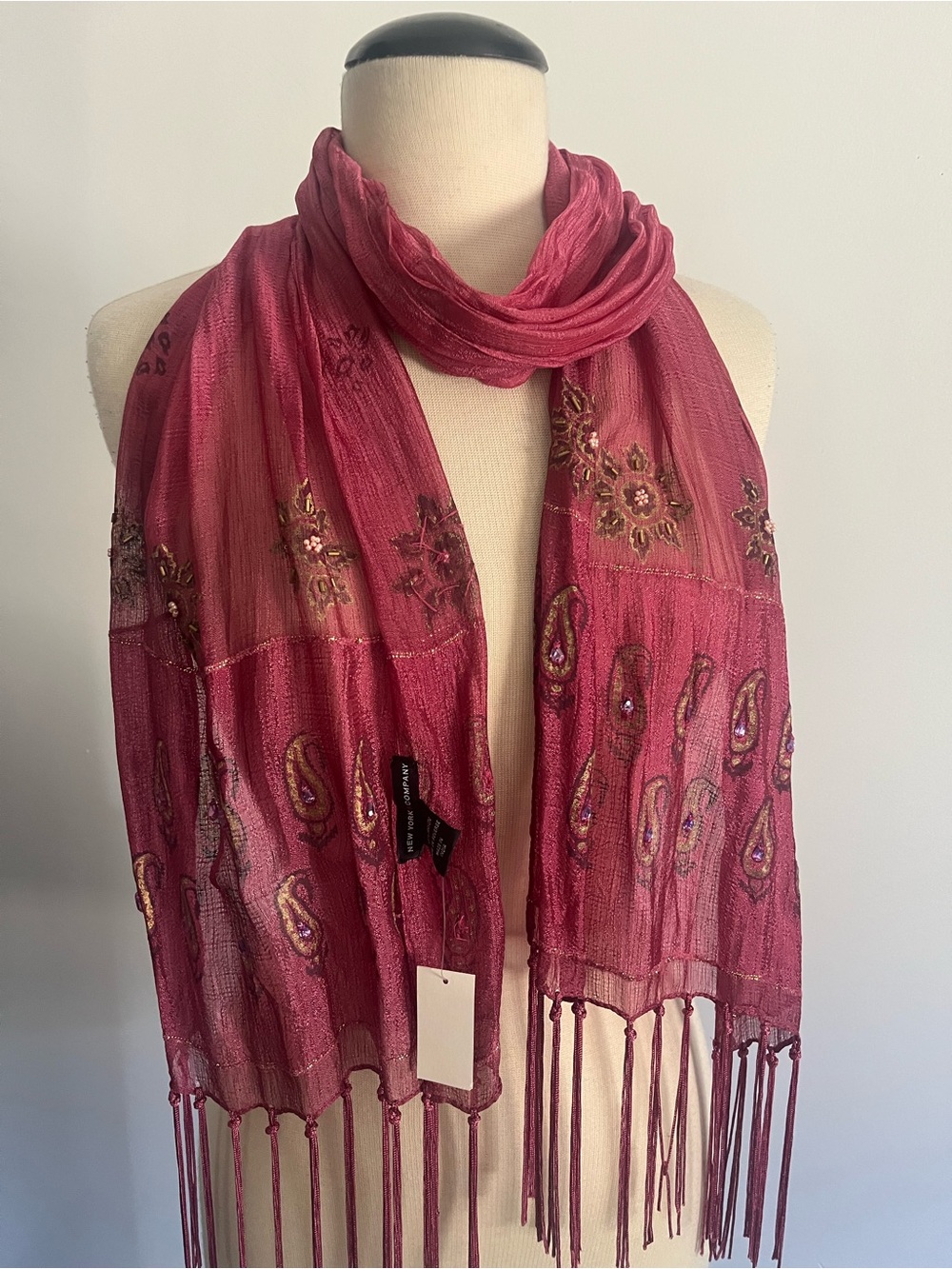 Beaded Embellished Pink Paisley Scarf